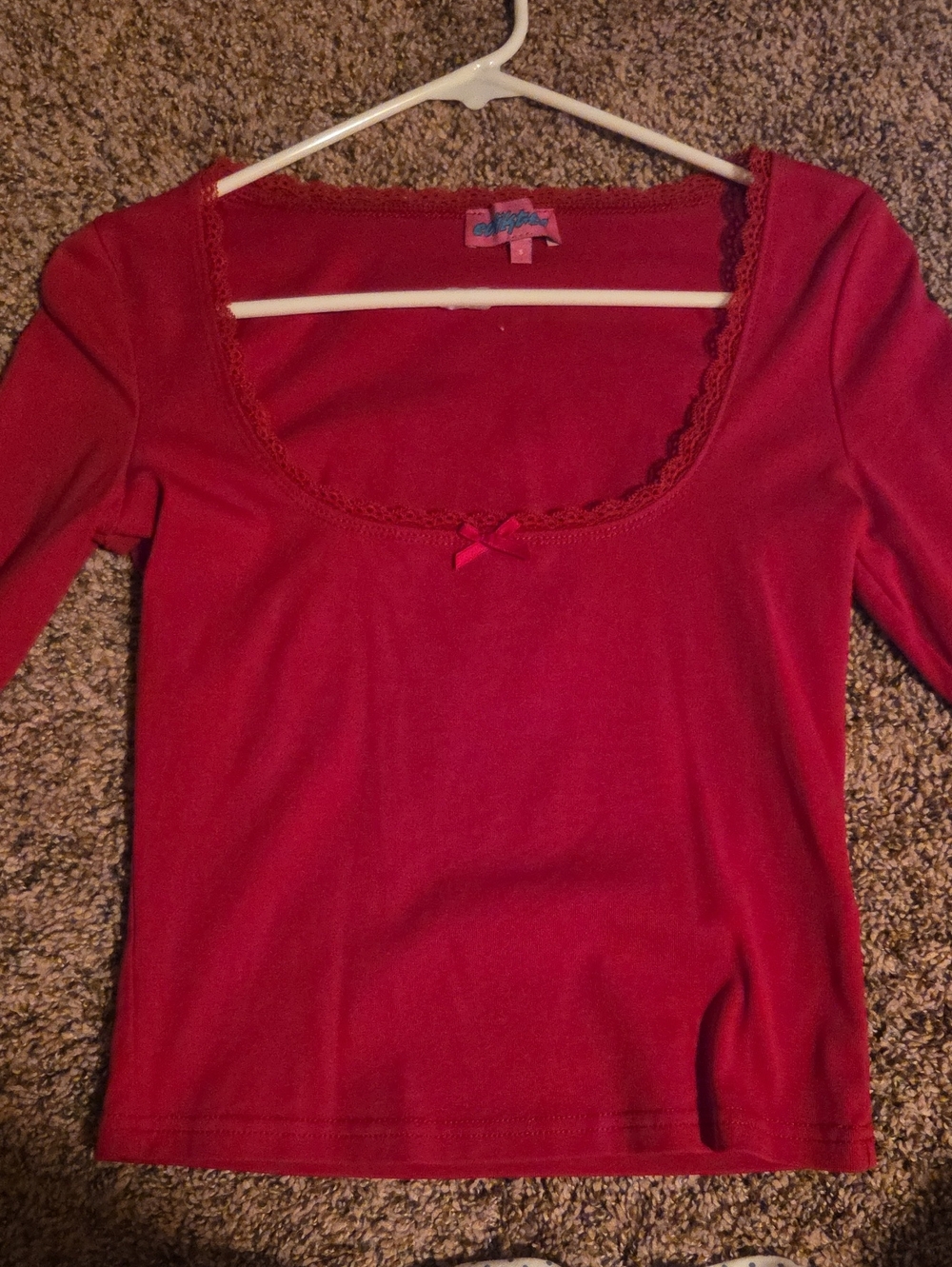 Edikted Red Scoop-Neck Long Sleeve Top with Lace Trim